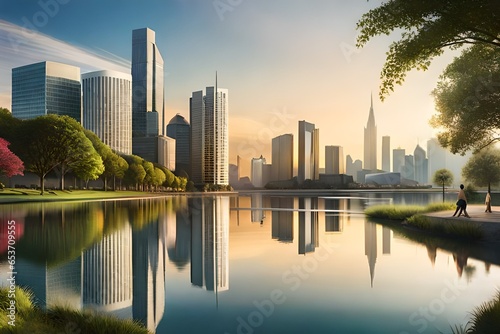 A futuristic metropolis rising from the depths of a vast, reflective ocean, its towering buildings piercing the surface photo