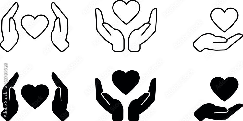 Hands holding heart icon. Heart in hand icons set. Donation and giving aid. Love icon. Health and medicine symbol. Healthcare sign.  hands supporting heart. Hands holding heart black and line style. 