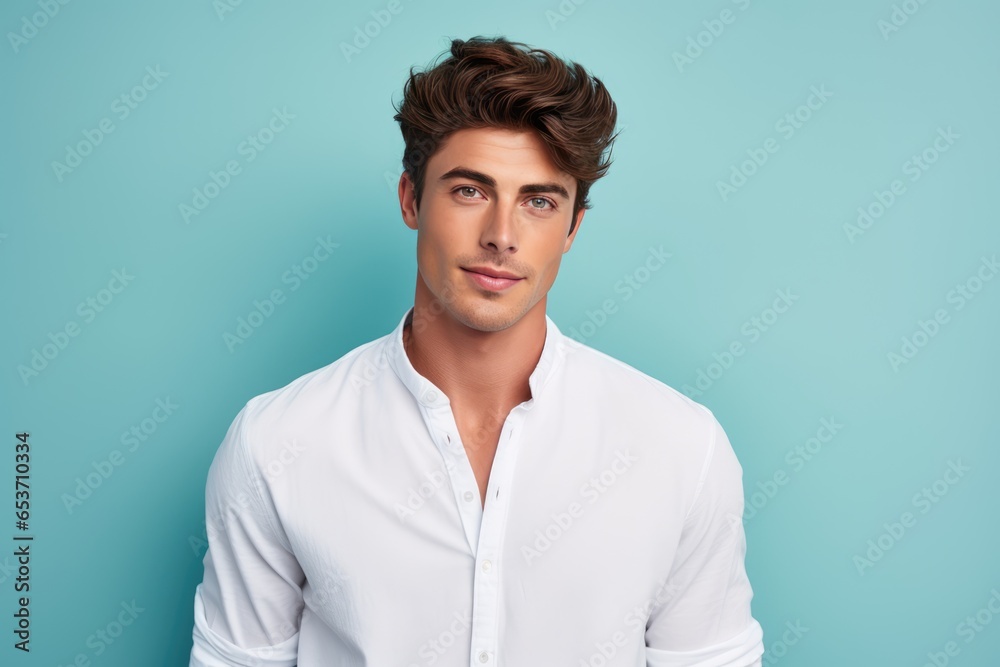 Photo Of Fit Male Model Wearing Blank White Longsleeve Shirt Against Pastel Blue Wall