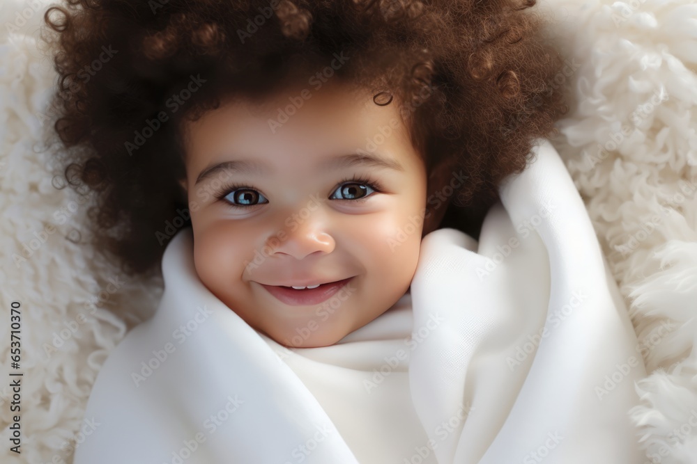 A Smiling Baby With A White Blanket Around Her A Smiling Baby With A White Blanket Around Her