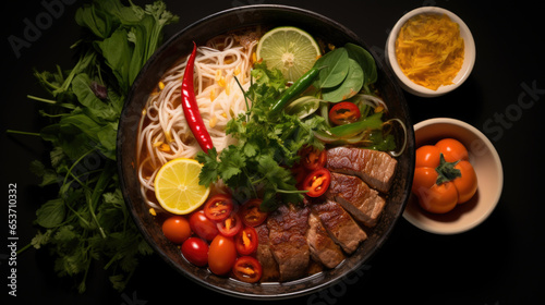 Pho Bo vietnamese soup with beef and noodles on a wooden background photo