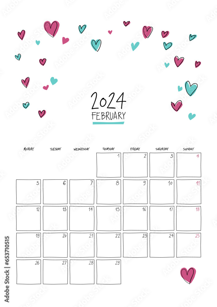 February 2024 wall calendar. Sketch style. Printable A4 portrait template. - obrazy, fototapety, plakaty 