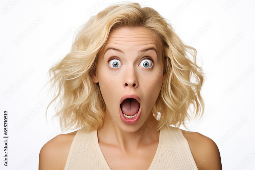 Striking Portrait Captures Beautiful Blonde Woman Expressing Surprise And Shock, Her Mouth Wide Open And Her Eyes Significantly Widened The Image Is Isolated Against White Striking Portrait Captures Beautiful Blonde Woman Expressing Surprise And Shock, Her Mouth Wide Open And Her Eyes Significantly Widened The Image Is Isolated Against White
