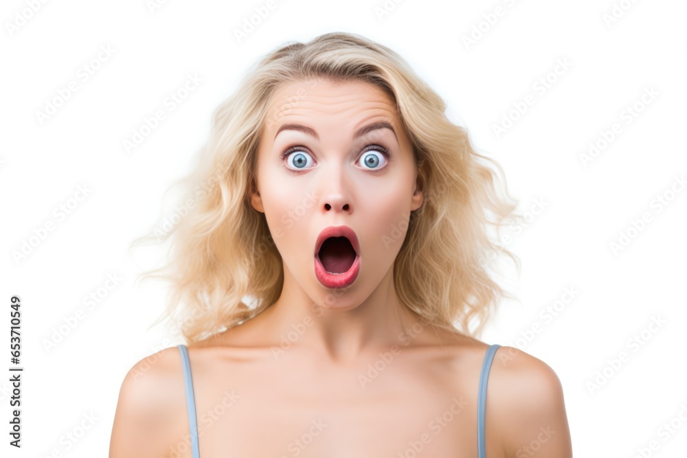Striking Portrait Captures Beautiful Blonde Woman Expressing Surprise And Shock, Her Mouth Wide Open And Her Eyes Significantly Widened The Image Is Isolated Against White Striking Portrait Captures Beautiful Blonde Woman Expressing Surprise And Shock, Her Mouth Wide Open And Her Eyes Significantly Widened The Image Is Isolated Against White
