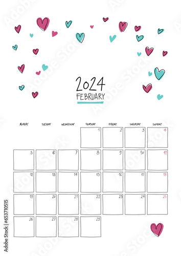 February 2024 wall calendar. Sketch style. Printable A4 portrait template.