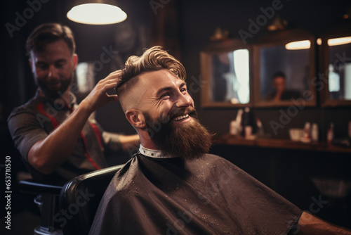 Stylish Model Man With Beard Enjoys Haircut And Styling Session In Hairdressers Barbershop, Engaging In Conversation With The Hairstylist While Flashing Warm Smile