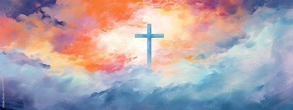 Christian easter. Conceptual religious symbol on a colorful sky at sunset. Generative AI Christian easter. Conceptual religious symbol on a colorful sky at sunset. Generative AI