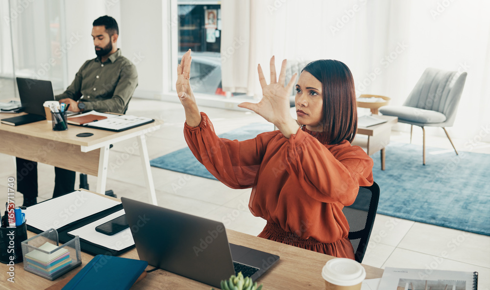Obraz premium Invisible screen, laptop and business woman in office for user interface, 3d hologram and ux mockup. Futuristic, corporate and person at desk with hands for research, online website or digital tech
