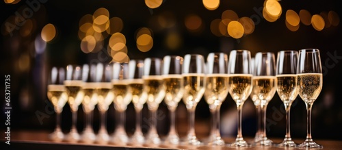 Champagne glasses lined up on bar counter shallow focus