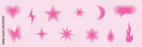 Y2k blurred aura gradient shape set. Abstract pink geometric figures. Modern trendy elements for poster, card, banner, social media. Vector illustration.
