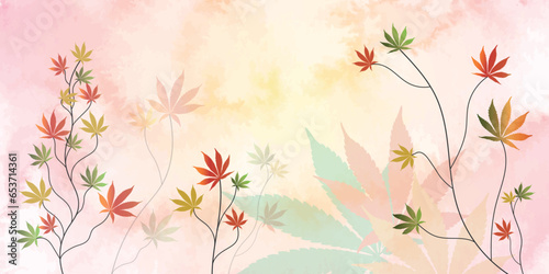 Cannabis flowers plants. Abstract watercolor texture. art bouquet collection. illustration with cannabis leaves and branches. minimal style wallpaper with line art for Banner, poster, prints