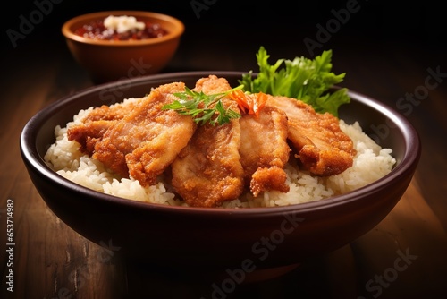 Fresh is on the wooden table., Fried pork chops with rice meat seamless background in a bowl. 