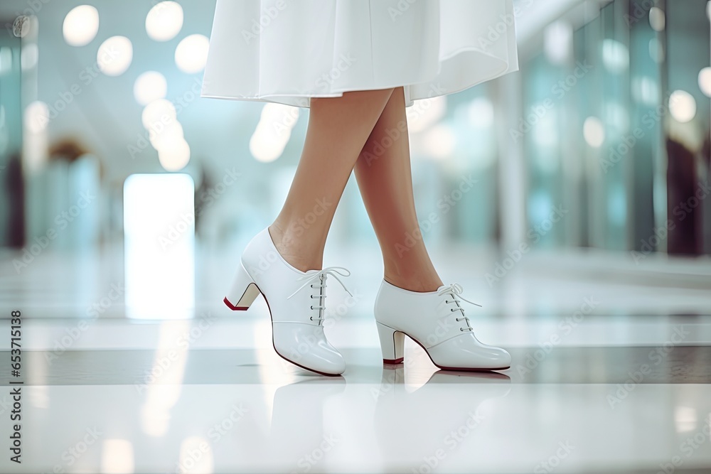 woman in white shoes in office close up - obrazy, fototapety, plakaty 