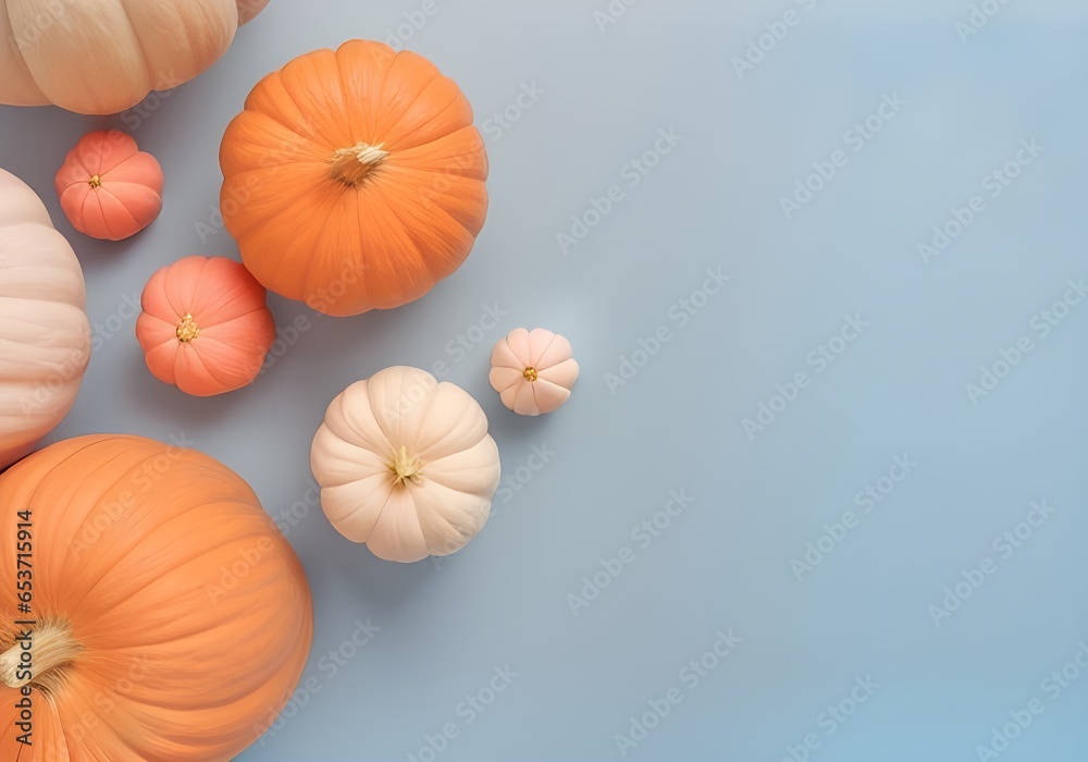 Multicolored pumpkins on a blue background. Halloween, holiday concept, Generative AI. Top View Multicolored pumpkins on a blue background. Halloween, holiday concept, Generative AI. Top View