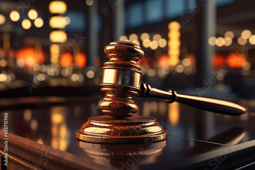 Judge's Gavel. Wooden gavel on a wooden background. AI