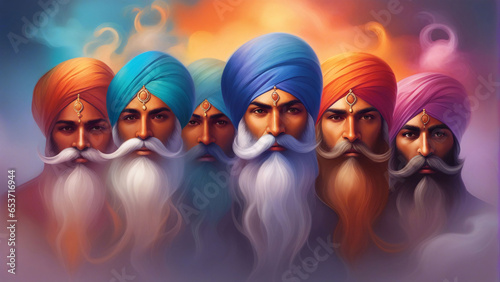 Portrait of a group of sikh men with colorful turban. photo