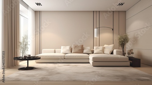 The interior in beige color living room with a free wall, daylight from the window on the left