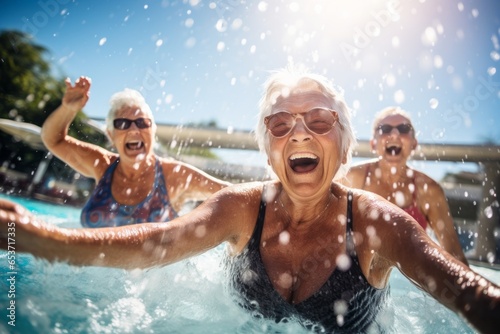 Active aging. Energetic group of senior women having fun in the pool © Denis