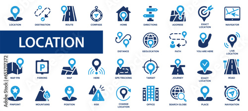 Location flat icons set. Navigation and map pointer symbols. Address, gps, destination, directions, distance, place, point, mark. Flat icon collection.