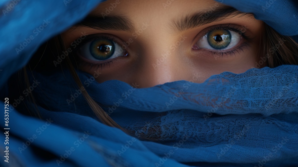 Eyes of a girl in a burqa, close-up - obrazy, fototapety, plakaty 