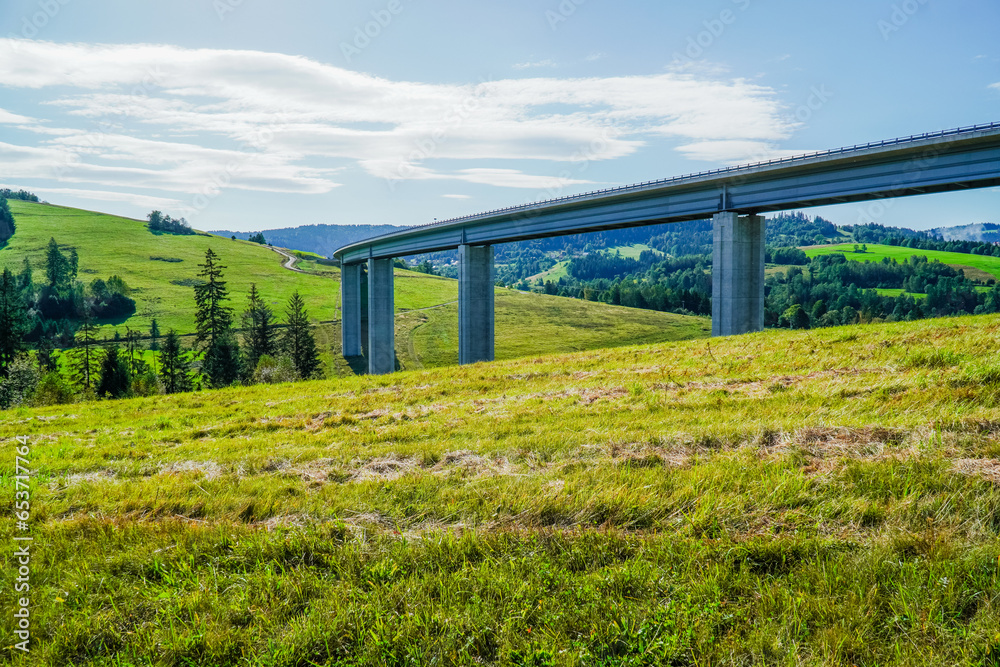 Most drogowy w górach na Słowacji w Europie, latem. Beskid Śląski
