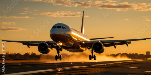 Commercial airplane taking off from the runway at sunset - air transport concept