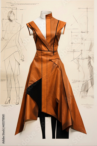 Generative AI image of fashion designer haute couture dressing place with various pencil sketches on paper and display of brown dress on mannequin photo