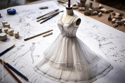 Generative AI image of fashion designer haute couture table with set of pencils and various sketches on paper with white dress on miniature mannequin photo
