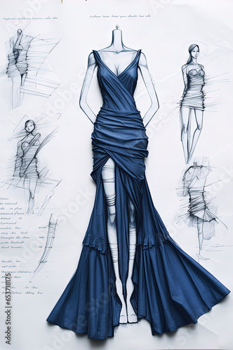 Generative AI image of fashion designer haute couture dressing place with various pencil sketches on paper and display of blue dress on mannequin