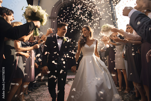 Braut und Bräutigam laufen durch Spalier, Reis und Blumen, Hochzeitsbrauch, erstellt mit generativer KI