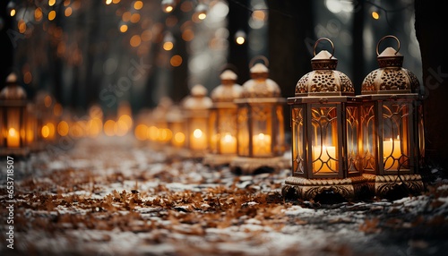 Lanterns in the snowy forest park. Golden fairy lights path. Winter landscape. Winter © Divid