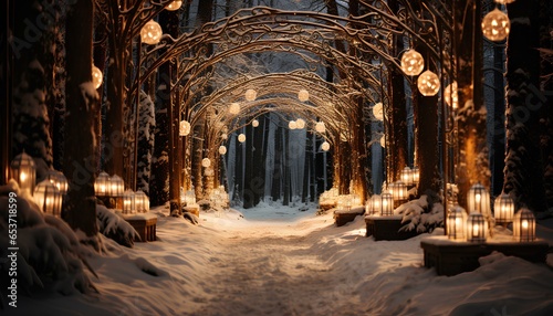 Pine trees wrapped in golden fairy lights. Snowy path filled with golden fairy lights. Snowy forest. Pine trees. Golden fairy lights. Winter landscape. Winter © Divid