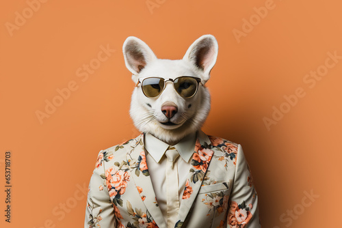 Generative AI illustration of stylish mouse in trendy sunglasses and floral suit against orange background photo