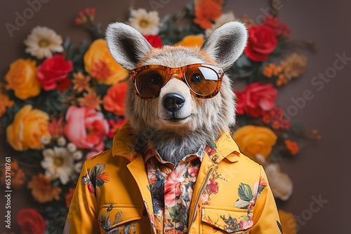 Generative AI illustration of stylish bear in trendy sunglasses and yellow jacket against colorful background photo