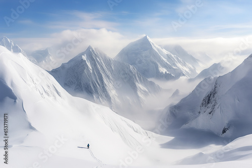 Generative AI illustration from above of back view anonymous alpinist tourist walking in the middle of snowy mountains photo
