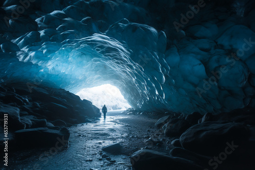 Generative AI illustration of view anonymous alpinist tourist standing an ice tunnel photo