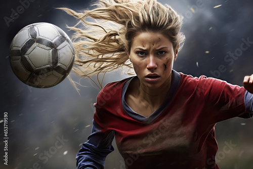 Generative AI image serious of young female running after a ball looking at camera in a field against a blurred background
