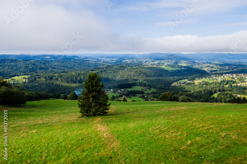 Góry, Beskid Śląski w Polsce widok z Ochodzitej w Koniakowie. Panorama latem w pochmurny dzień.