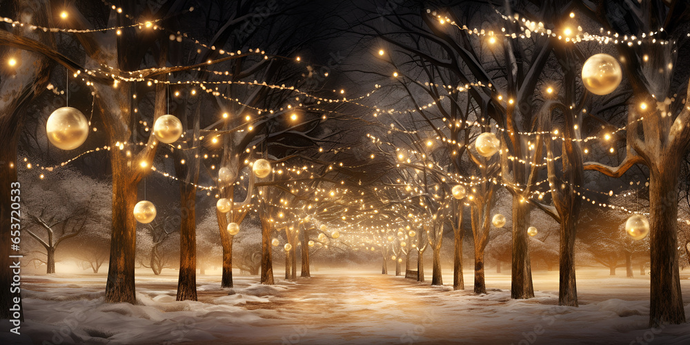 Christmas landscape wallpaper beautiful winter scenery with christmas trees and snow, Snowy christmas night in abstract snow covered park neural network, generative AI