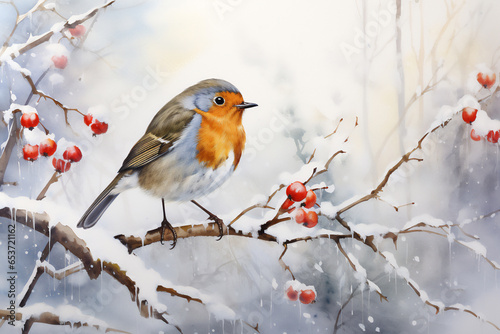 Fényképezés Watercolour of a robin redbreast (Erithacus rubecula) bird in the winter snow, a