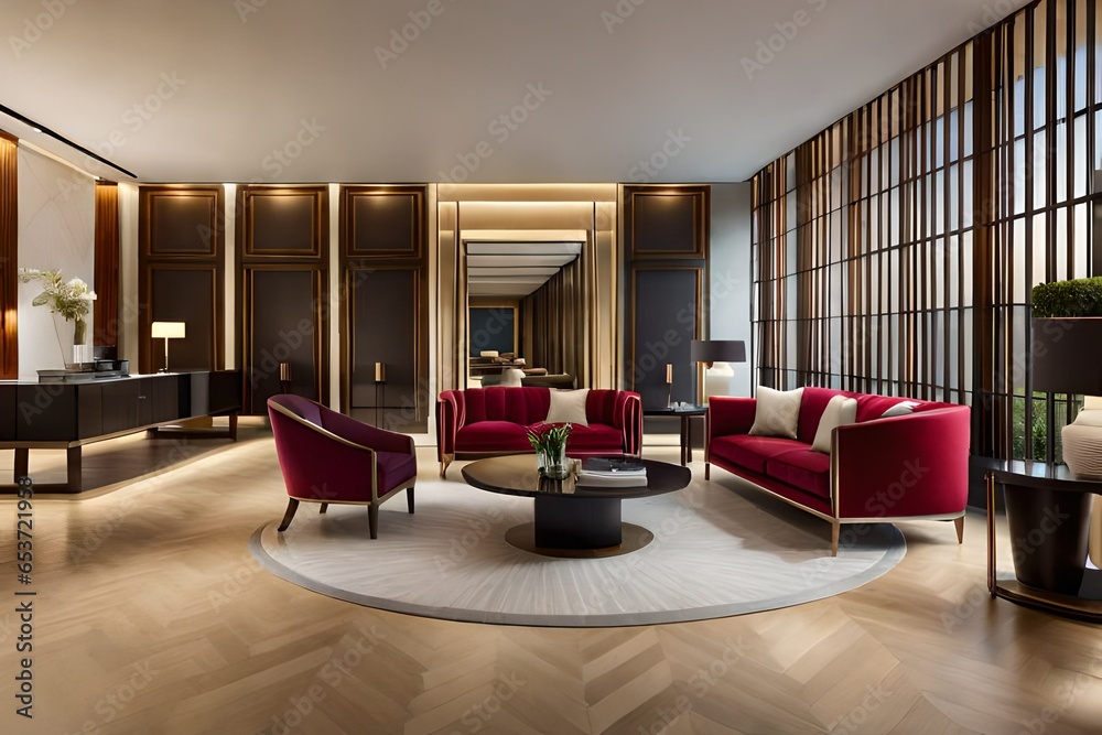 luxury red sofas living room interior with golden walls Stock Photo