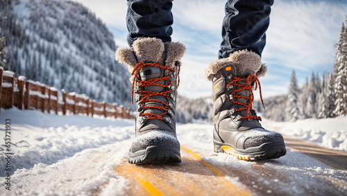 Photo of winter boots standing on a snowy road photo