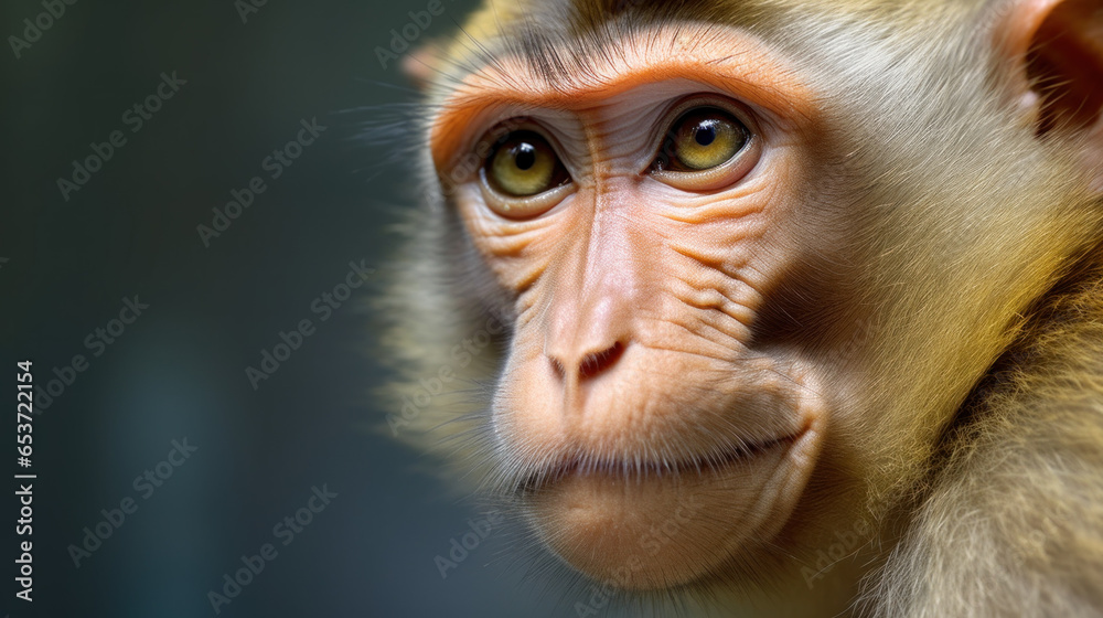gros plan sur une tête de petit singe (macaque) - obrazy, fototapety, plakaty 