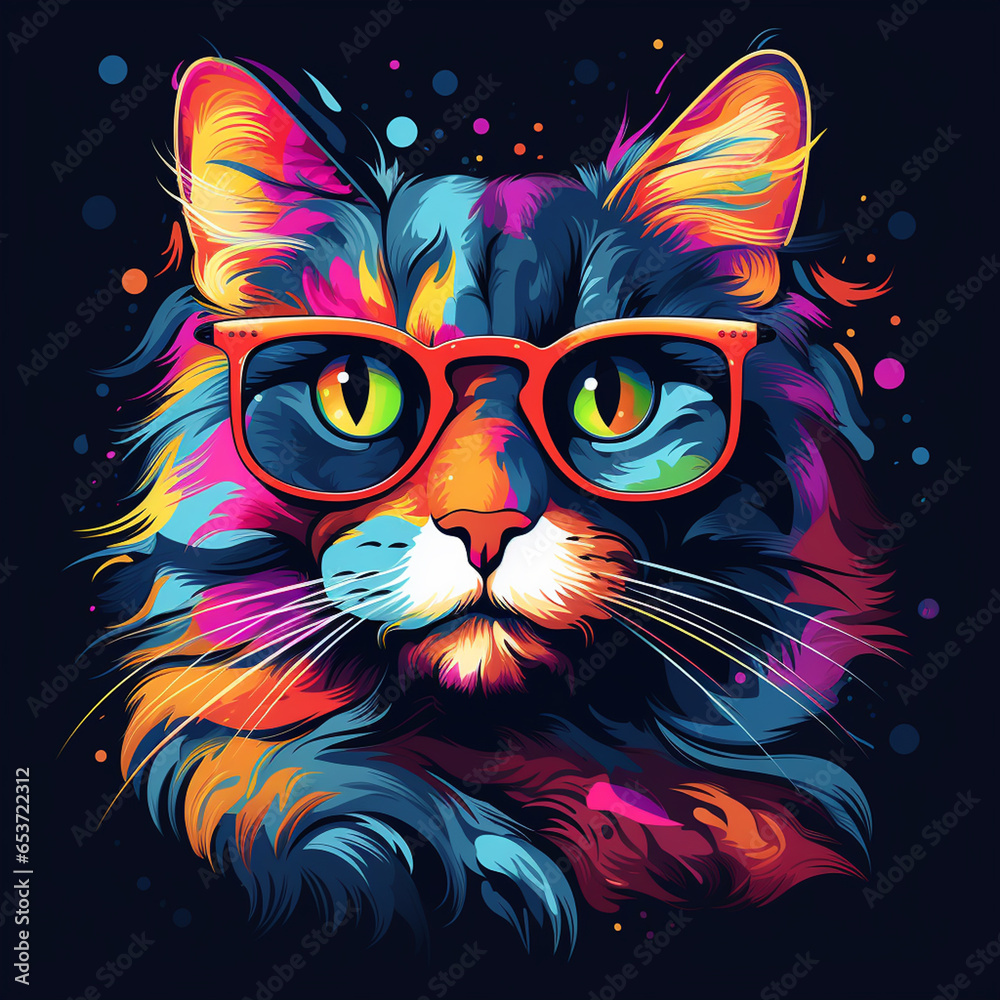 Cute cat with sunglasses and colorful Portrait. Vector illustration.