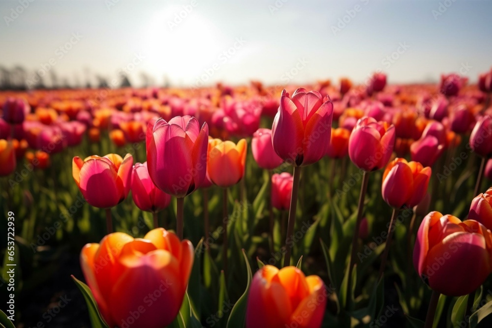 spring tulip field flower nature bloom. Generative AI