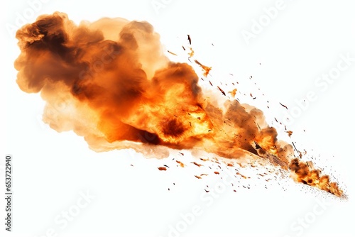 Transparent fire and smoke with missile or bullet trail on white background, with space, jet, and explosion effects. PNG format. Generative AI