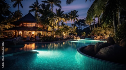 Night view of beautiful swimming pool in tropical resor