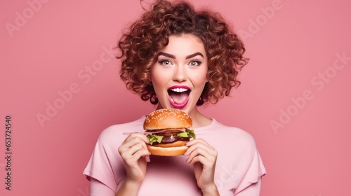 Image of a youthful and attractive woman indulging in a burger while feeling hungry. This isolated portrait features a student enjoying fast food against a pink backdrop, conveying the idea of dietary