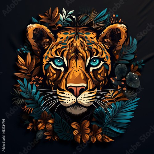 Leopard face with tropical leaves. Vector illustration on black background.