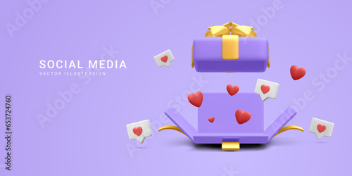 3d realistic open gift box with hearts and likes. Vector illustration